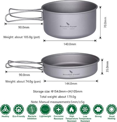 Безмежна подорож на відкритому повітрі 750 мл 800 мл 1100 мл 1300 мл Титанова каструля з кришкою Складна ручка для застави Кемпінг Піші прогулянки Пікнік Ультралегка портативна пляшка для води Чашка Кухоль Набір свиней (Ti15114A 1000500)