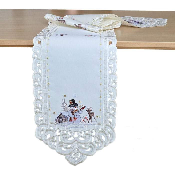 Різдвяна скатертина/доріжка HanaQi зі сніговиком та оленями, зимовий пейзаж з ажурною вишивкою, поліестер, колір екрю/крем - розмір на вибір (приблизно 38 x 108 см, овальна) (160 x 28 см (овальна))