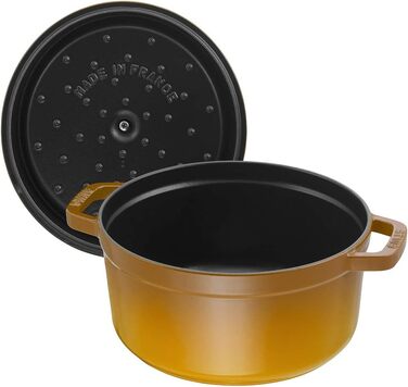 Чавунна жаровня/кокотниця STAUB, кругла 8,35 л, функція Ароматичний дощ для оптимального зволоження, для всіх типів варильних поверхонь, включаючи індукційні та духові шафи, (гірчично-жовтий, 26 см)