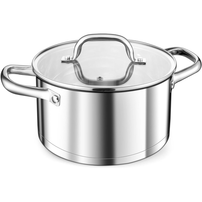 Велика каструля TEAMFAR, каструля з нержавіючої сталі, індукційна каструля, скляна кришка, 3-шарове дно для всіх типів плит, каструля для пасти 26 см, каструля для м&39яса, без покриття та нетоксична, можна мити в посудомийній машині (3,8 літра)