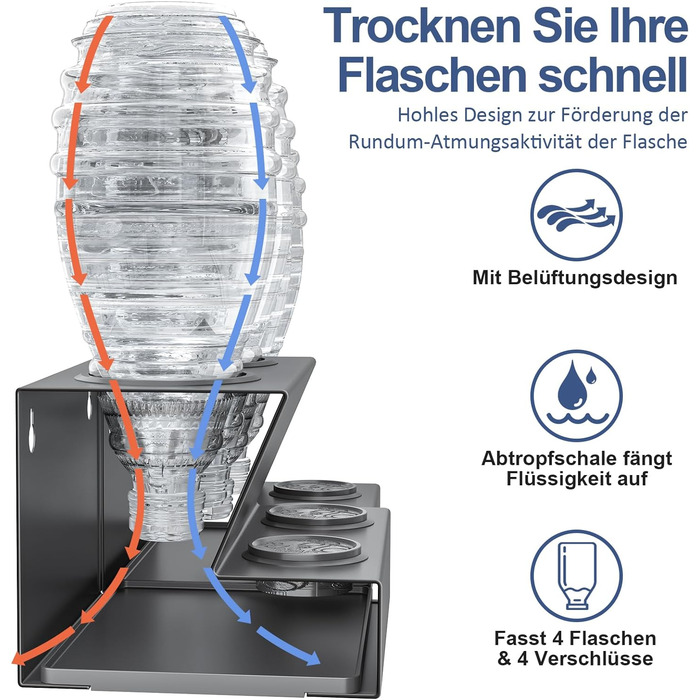 Тримач для пляшок APEXCHASER SodaStream, тримач для пляшок, підставка для зливу пляшок, сушарка для пляшок із силіконовими захисними кільцями знімний дренажний килимок і тримач кришки (4 пляшки)