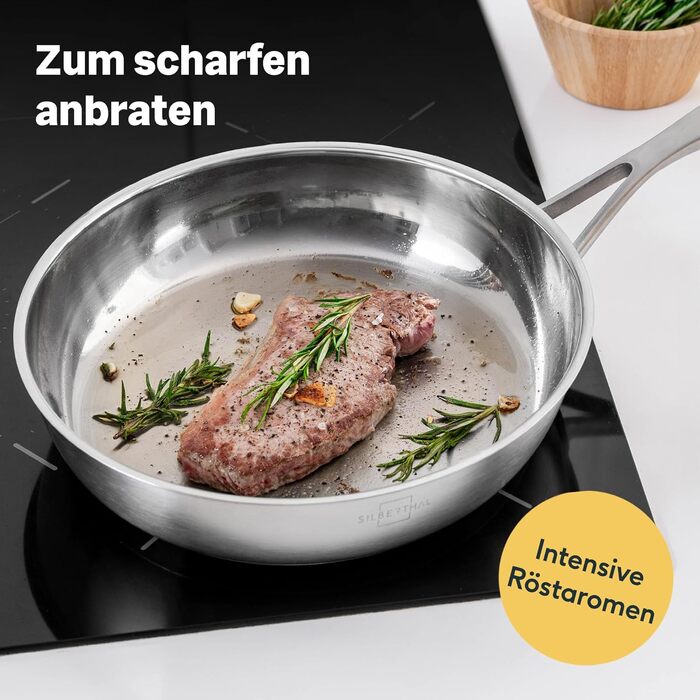 Набір з 3 сковорідок SILBERTHAL - Сковорідки з нержавіючої сталі без покриття - 20, 24 та 28 см - Сумісний з індукцією - Можна використовувати в духовці до 400C та мити в посудомийній машині Набір з 3 предметів 20, 24 28 см