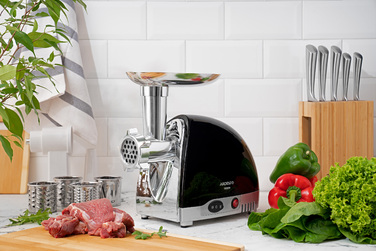ARDESTO М'ясорубка, 1800Вт, продук.-2кг/хв, 3 решітки + для ковб., кеббе, 4 терки, пластик, чорно-сріблястий