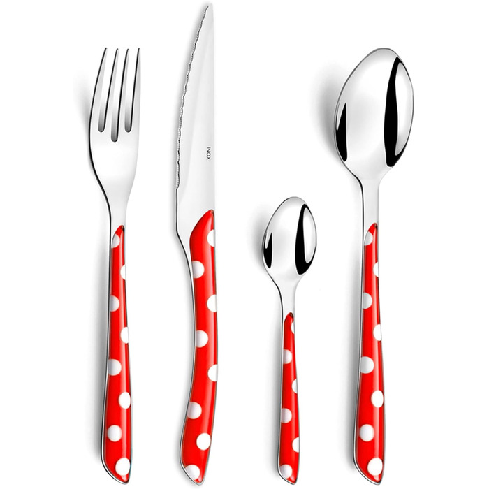 Столові прибори Amefa ECLAT, столові прибори на 4 персони, нержавіюча сталь з високоякісною пластиковою ручкою, ваги в пунктир, 16 шт. (Mnagre 32 couverts pour 8 personnes, червоний)
