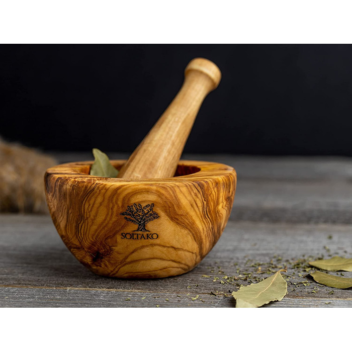 Оливковая ступка и набор пестиков - Ступка - Деревянная ступка - Экологичная ступка для трав и специй Диаметр ок. 12 см (в расплющенном виде Ø 14 см)