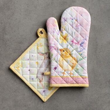 Рукавички для духовки Maison d&39 Hermine, Прихватки для каструль, 100 бавовна, термостійкі кухонні рукавички, рукавички для духовки (19 x 33 см) та прихватки для каструль (20 x 20 см) для приготування їжі, Morzine - Рукавички для духовки (19 x 33 см) та 