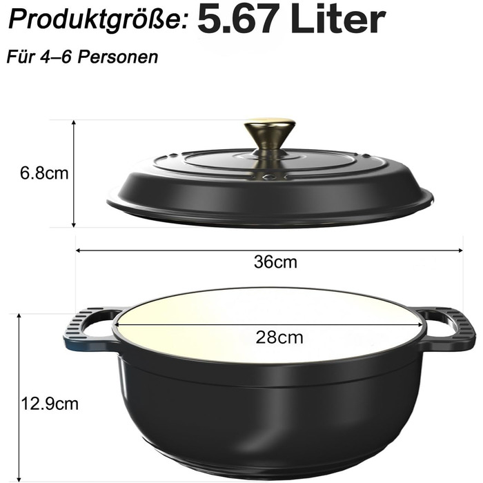Чавунна жаровня 5,7 л з кришкою 28 см, чорна LEADZM