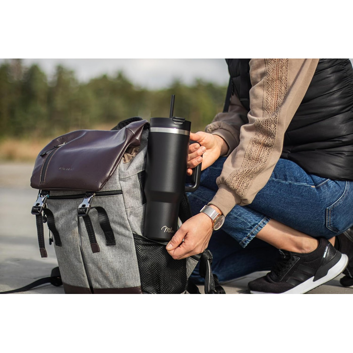 Термокружка 1200 мл с трубочкой и ручкой, черная Milu