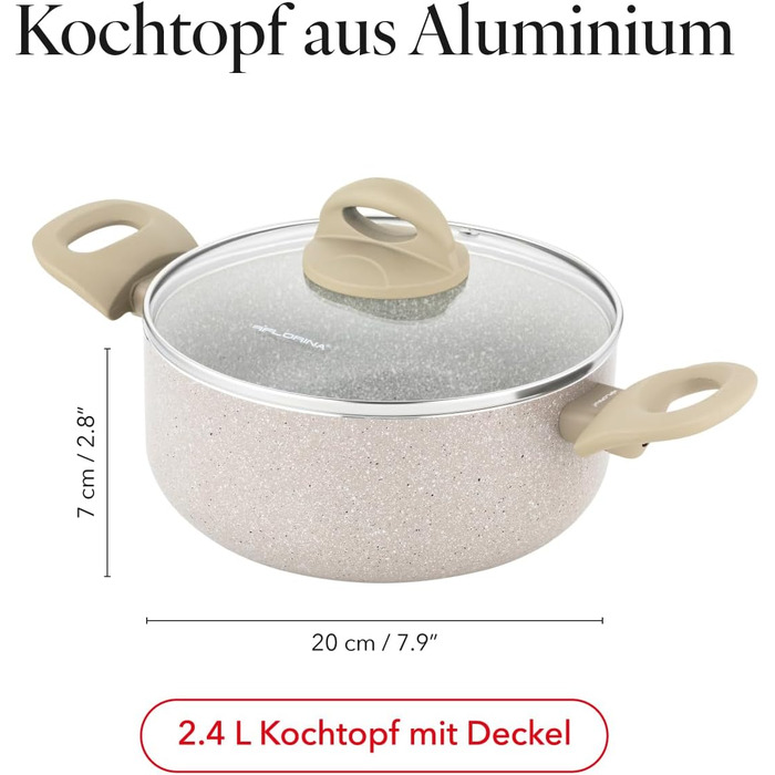 Алюмінієва каструля FLORINA 16 см 1,6 л Підходить для індукції Керамічне покриття, стійке до подряпин М&39яка ручка під дерево Термостійка Для всіх варильних поверхонь Легко миється (ISLA, 2,4 л - 20 см)