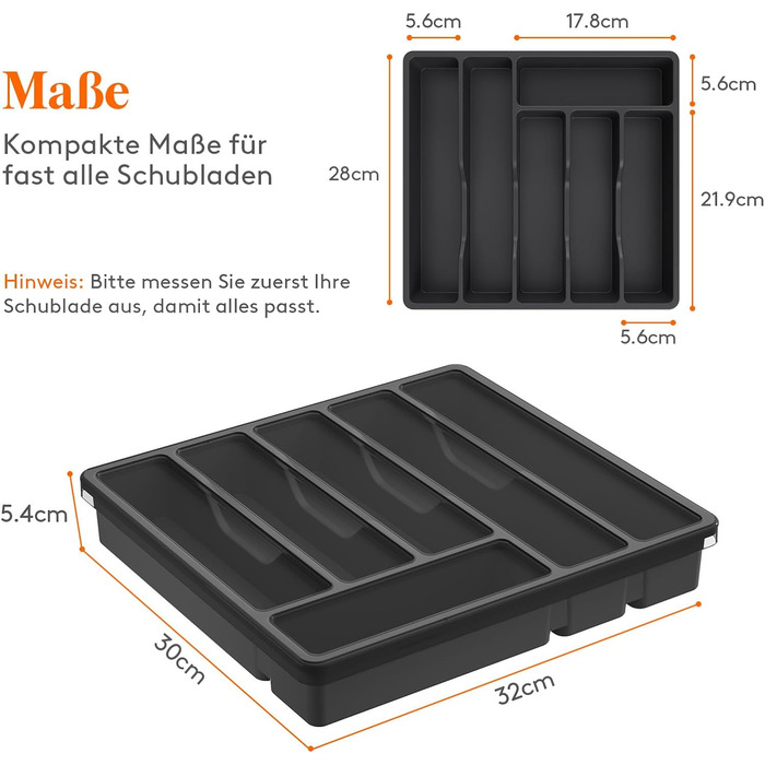 Лоток для столових приборів Lifewit з кришкою, зберігання столових приборів для кухонної шухляди та стільниці, лоток для столових приборів для пластикових ящиків для ложок, виделок, ножів, вставка, 6 відділень, (чорний)