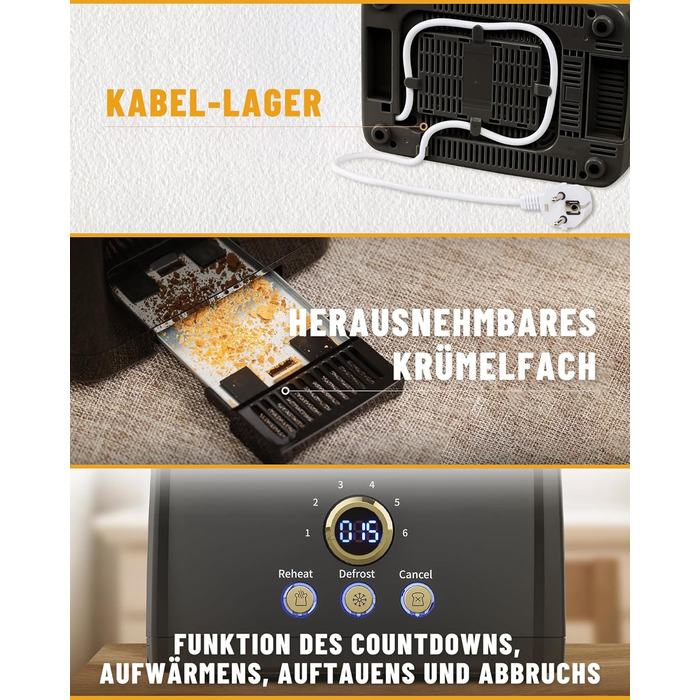 Тостер на 2 скибочки, тостер ZACHVO з підігрівом булочок, 6 рівнів підрум&39янювання, 850 Вт, знімний піддон для крихт, світлодіодний екран, високий підйом, розігрів, розморожування, функція скасування