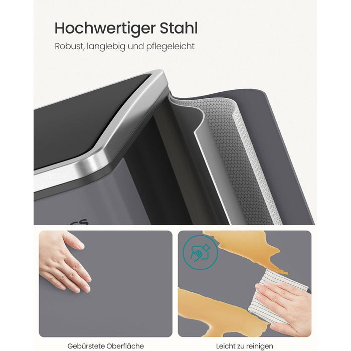 Кухонний кошик для сміття, 2 x 15 літрів, система розділення сміття, 2 відділення, включаючи 15 мішків для сміття, відро для сміття, відро для сміття на педалі, перероблені відходи, органічні відходи, кришка з мяким закриттям, LTB30BK (матово-сірий)