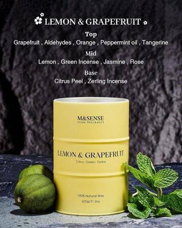 Ароматичні свічки M&SENSE з натурального соєвого воску, натуральна соєва свічка для домашнього декору, тривале горіння до 70 годин, класні подарунки-свічки для чоловіків і жінок (600 г, лимон і грейпфрут)