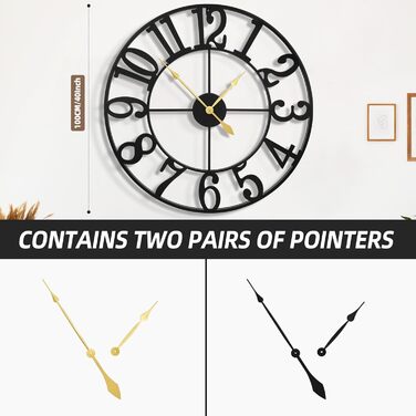 Великий круглий металевий настінний годинник у вінтажному стилі, безшумний, без цокання, на батарейках, 40 см, 16 дюймів, римські цифри для вітальні, спальні, кухні, настінний годинник-прикраса (чорні арабські цифри, 100 см)