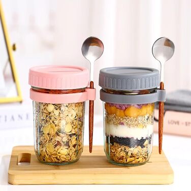 Упаковка з 4 банок для вівсянки на ніч 600 мл, скляний стаканчик для пластівців з кришкою та ложкою, контейнер для вівсянки на ніч, банки для мюслі, каші на ніч