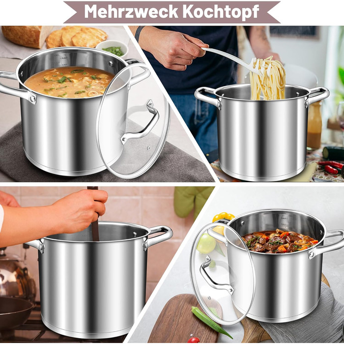 Велика каструля TEAMFAR, каструля з нержавіючої сталі, індукційна плита, скляна кришка, 3-шарове дно для всіх типів плит, каструля для пасти 26 см, каструля для м&39яса, без покриття та нетоксична, можна мити в посудомийній машині (10 літрів)