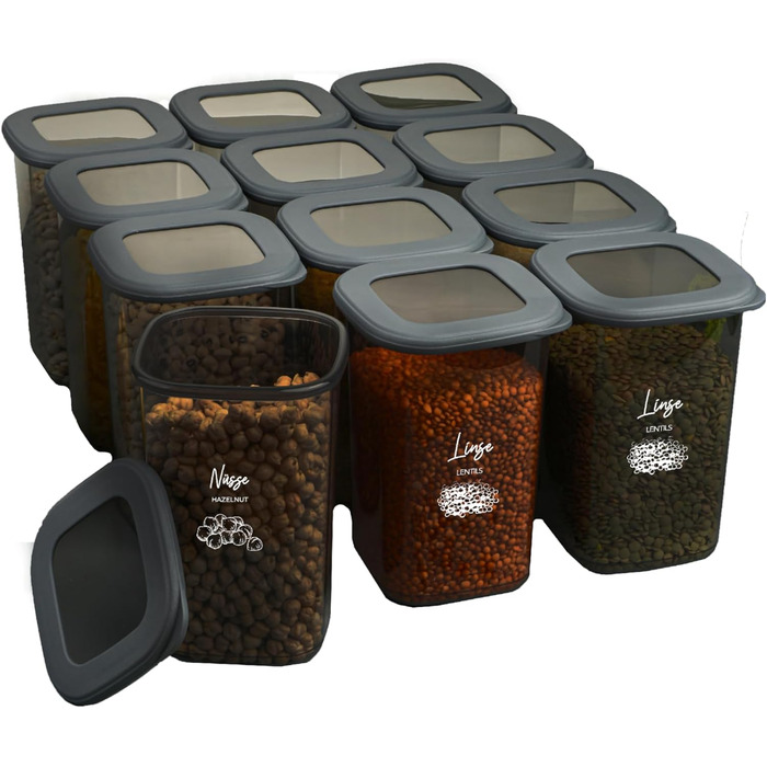 Герметичні банки для зберігання Viwares з кришками Набір з 24 контейнерів для зберігання БЕЗ БІСФЕНОЛУ А Для зберігання борошна та цукру в мюслі Практичний ящик для зберігання кухні для всіх продуктів (набір з 12 антрацитів 1 200 мл)