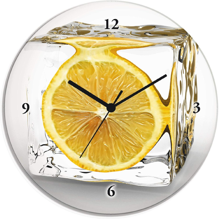 Настінний декоративний годинник без цокання скла Ø 30 см круглий безшумний фрукт апельсин у воді фрукти сучасна їжа T5UI (лимон у кубику льоду, кварцовий годинник)