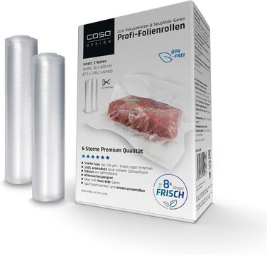 Професійні плівки CASO 6-зіркові 20x30 см, 50 вакуумних пакувальників для всіх вакуумних пакувальників, міцні та стійкі до розривів, приблизно 150 мкм, вакуумний пакувальник харчових продуктів, без BPA (20x600 см, рулони)