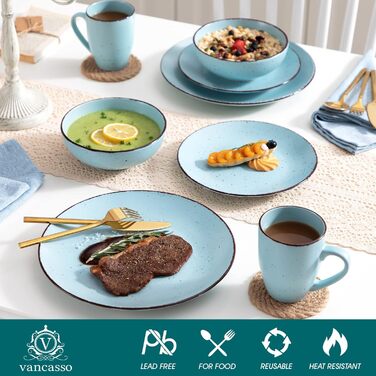 Столовий сервіз з керамограніту, набір посуду vancasso MODA, вінтажний вигляд, комбінований сервіз із 40 предметів з 8 обідніми тарілками, тарілками для тортів, суповими тарілками, мисками та чашками кожна (синій, комбінований сервіз 16 шт.)