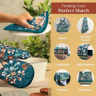 Рукавички для духовки, прихватки для каструль Maison d&39 Hermine, 100 бавовна, термостійкі кухонні рукавички, рукавички для духовки (19 x 33 см) та прихватки для каструль (20 x 20 см) для приготування їжі, Morzine - Рукавички для духовки (19 x 33 см) та 