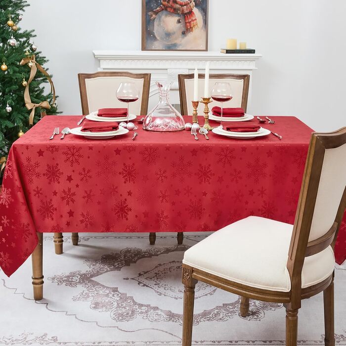 Велика різдвяна скатертина Romanstile, яку можна прати та вона водовідштовхувальна, жакардові зірки та сніжинки, квадратна скатертина XXL для зими, різдвяної прикраси, вечірки, Різдва (140 x 180 см, червона)