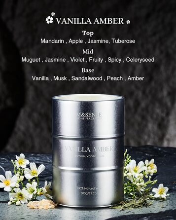 Ароматичні свічки M&SENSE з натурального соєвого воску, натуральна соєва свічка для домашнього декору, тривале горіння до 70 годин, класні подарунки-свічки для чоловіків і жінок (600 г, ванільно-янтарний)