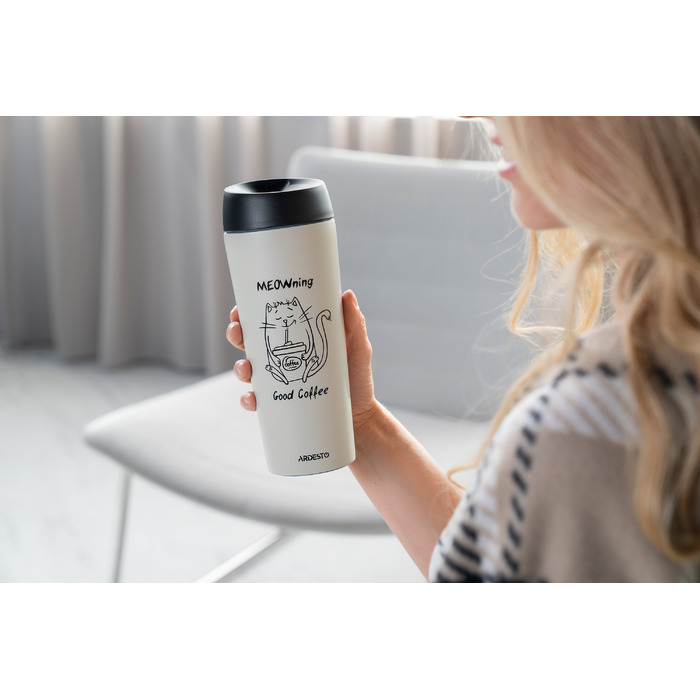 Термокружка ARDESTO Coffee Time Meowning 450 мл, Нержавеющая сталь, Бежевый
