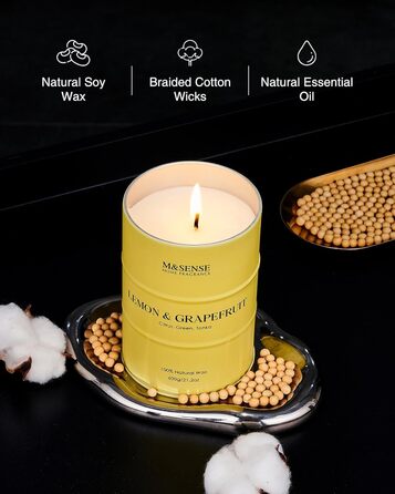 Ароматичні свічки M&SENSE з натурального соєвого воску, натуральна соєва свічка для домашнього декору, тривале горіння до 70 годин, класні подарунки-свічки для чоловіків і жінок (600 г, лимон і грейпфрут)