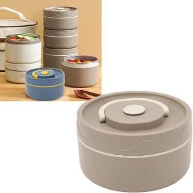 Термоконтейнер Tissting з ручкою, контейнер для гарячого обіду на 420 мл, коробка для обіду Bento, двошаровий портативний термоконтейнер круглої форми з нержавіючої сталі 304 (придатний для мікрохвильової печі коричневий)