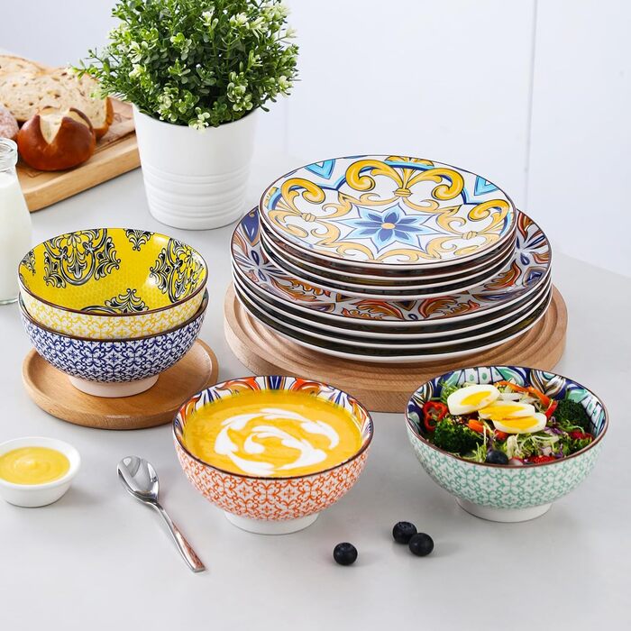 Порцеляновий набір посуду Haruka, 48 шт. Набір круглий комбо-сервіз на 12 осіб, включає чашки, миски, десертні тарілки та обідні тарілки (жасмин, набір посуду з 32 предметів)