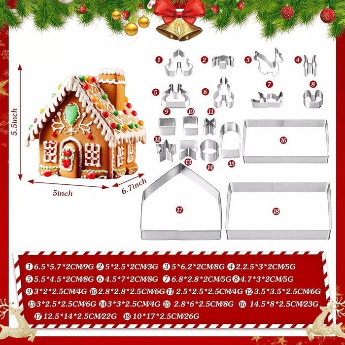 Форма для печива з пряникового будиночка, різдвяний пряниковий будиночок, різдвяна формочка для печива, форма для випічки своїми руками, різдвяна форма з нержавіючої сталі, різдвяний будиночок (18 шт./будиночок, сніговик, олень, сани)