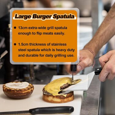 Лопатка для бургерів Herogo, нержавіюча сталь, велика металева лопатка зі скошеними краями, зламаний фліппер для бургерів Лопатка для гриля для перевертача барбекю, міцна та міцна ручка, включаючи S-подібний гачок, 31 x 13 см