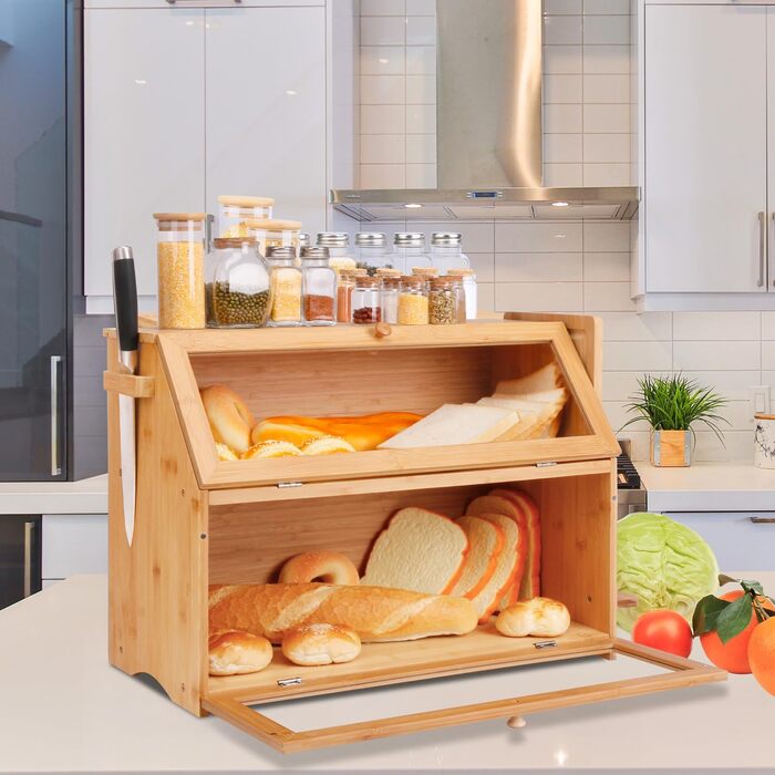 Хлібниця Leader Accessories з бамбука, 2-ярусна, для безпечного зберігання хліба, легкий догляд, 39x25x32 см, чорна (39x25x32 см/15,3&39x9,8&39x12,6&39) (бамбук (50x25x37 см/19,7&39x9,8&39x14,5&39))