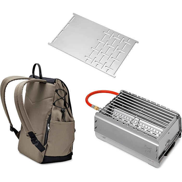 Мобільний газовий гриль Bruzz Willi BW1.1 50 мбар, велосипедний рюкзак з відділенням для охолодження, легке складання та розбирання, пальник 3,5 кВт, знімний піддон для жиру, в комплекті мультиінструмент (BW1.1 Plancha Bundle)