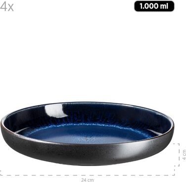 Сучасний набір для 4 осіб у захоплюючому вінтажному образі, великі плоскі обідні тарілки з кераміки, керамограніту, сірого/чорного кольору (супові тарілки, синій/чорний)