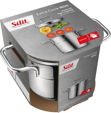 Набір посуду Silit Extra Cook каструлі 12/14 см зі скляною кришкою, внутрішньою мірною шкалою, широким обідком для зливу, з нержавіючої сталі Crominox, для невеликих порцій, компактно складаються, запобігають капанню (каструля для мяса, 12 см)