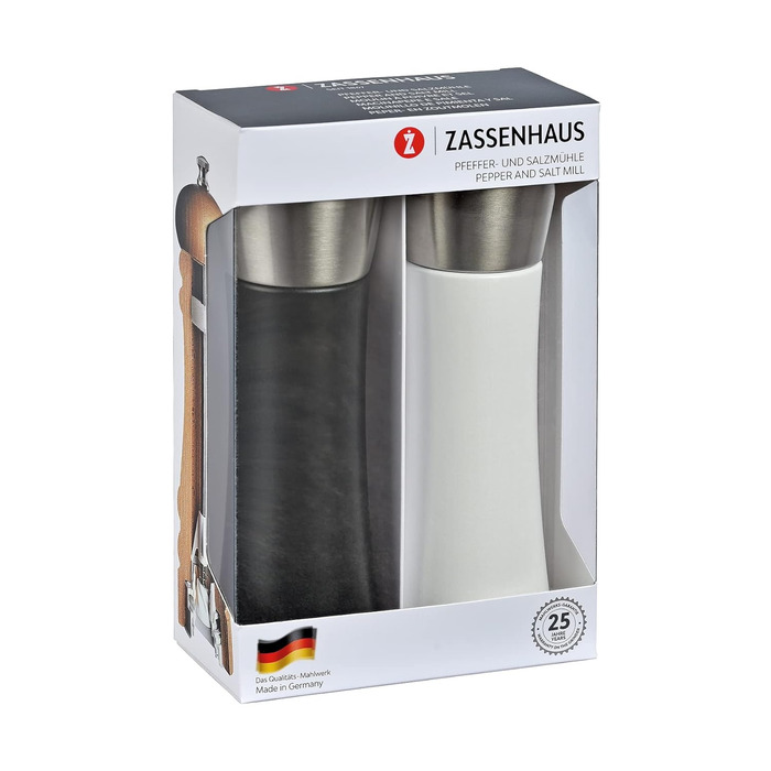 Набір млинів Zassenhaus AUGSBURG Букова деревина Подарунковий набір Чорно-біле Головка млина з нержавіючої сталі з плавним регулюванням керамічної шліфувальної машини Млини для спецій з наповнювачем Ø 5,5 см, H 18 см