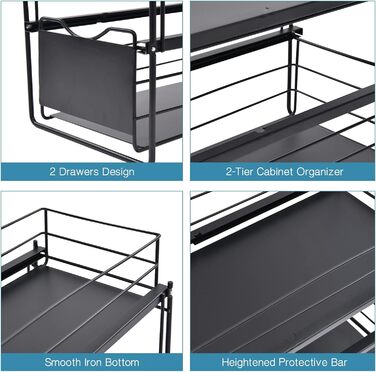 Рівневий органайзер для кухонних шаф, нижня полиця шафи, органайзер для зберігання ящиків, полиця для шухляд, полиця під раковиною для кухні, ванної кімнати, офісу, шафи чорна, 2-