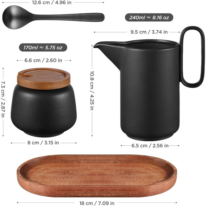 Набір для молока та цукру з кришкою та металевою ложкою, 5 предметів чорний ecooe