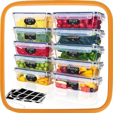 Контейнери для зберігання продуктів Hibisaws з 12 предметів з кришками, контейнери для заморожування, коробки для продуктів, без BPA та 100 герметичні, прозорі, 6 x 1 л та 6 x 0,5 л, коробки для приготування їжі, набір Tupperware (10 x 1 л)