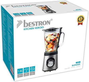 Блендер Bestron, з двома режимами швидкості та імпульсною функцією, контейнер можна мити в посудомийній машині, 500 Вт, 1,5 літра, колір (сріблястий)