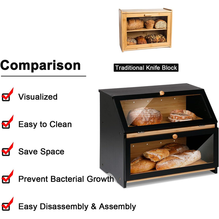 Дворівнева бамбукова хлібниця 39 x 25 x 32 см, чорна Leader Accessories