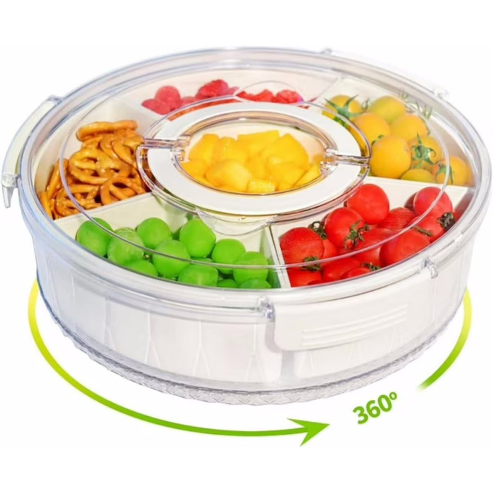 Сервірувальна тарілка у формі миски для закусок, контейнер для солодощів та горіхів із пластику з кришкою з 8 відділеннями, тарілка для закусок, фруктова тарілка, коробка для зберігання десертів, спецій (кругла / 6 відділень)