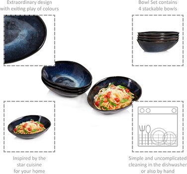 СПІВАЧКА Тарілка для пасти Токіо 4 шт., Тарілка для спагетті 4 персони, Набір посуду з кераміки Макарони, Тарілка з локшиною Можна мити в посудомийній машині, Миска для макаронів ручної роботи, Миска для макаронів синьо-чорна з коричневими вставками Набір