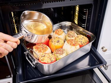 Форма для запікання RSLE EXPERTISO, універсальна ємність для приготування їжі з нержавіючої сталі 18/10, скляна кришка, внутрішня вага, підходить для індукційних плит, можна мити в посудомийній машині, срібляста (38 x 28 см, прямокутна форма для запікання