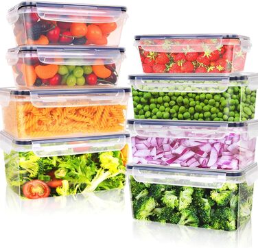 Набір Kottwca, набір Tupperware із 30 предметів (15 контейнерів 15 кришок), кухонні коробки для приготування їжі, 100 герметичні, без бісфенолу А, контейнер для зберігання продуктів для мікрохвильової печі та холодильника (набір з 8 великої місткості)