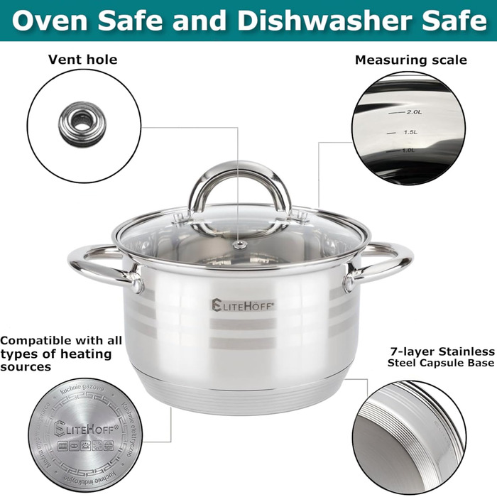 Набор из 3 кастрюль из нержавеющей стали со стеклянными крышками, 6 предметов E-4303 EliteHoff