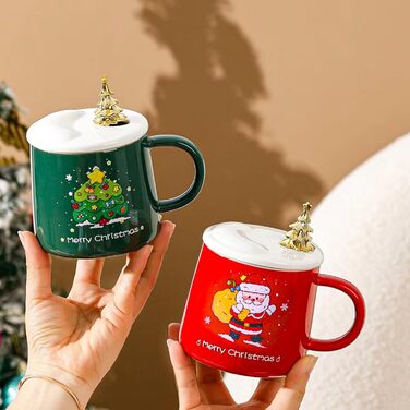 Милі кухлі Санта-Клауса ZONSUSE, кухоль з Різдвом Христовим, 3D різдвяна кружка, з ручками у формі цукерок та ложкою у формі ялинки, ідеї різдвяних подарунків для жінок і чоловіків 400 мл (A-зелений) (B-зелений)