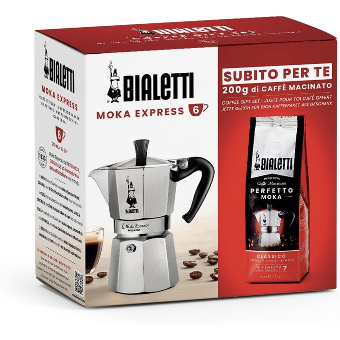 Кавоварка гейзерна 270 мл на 6 чашок з 250 г кави Moka Express Bialetti